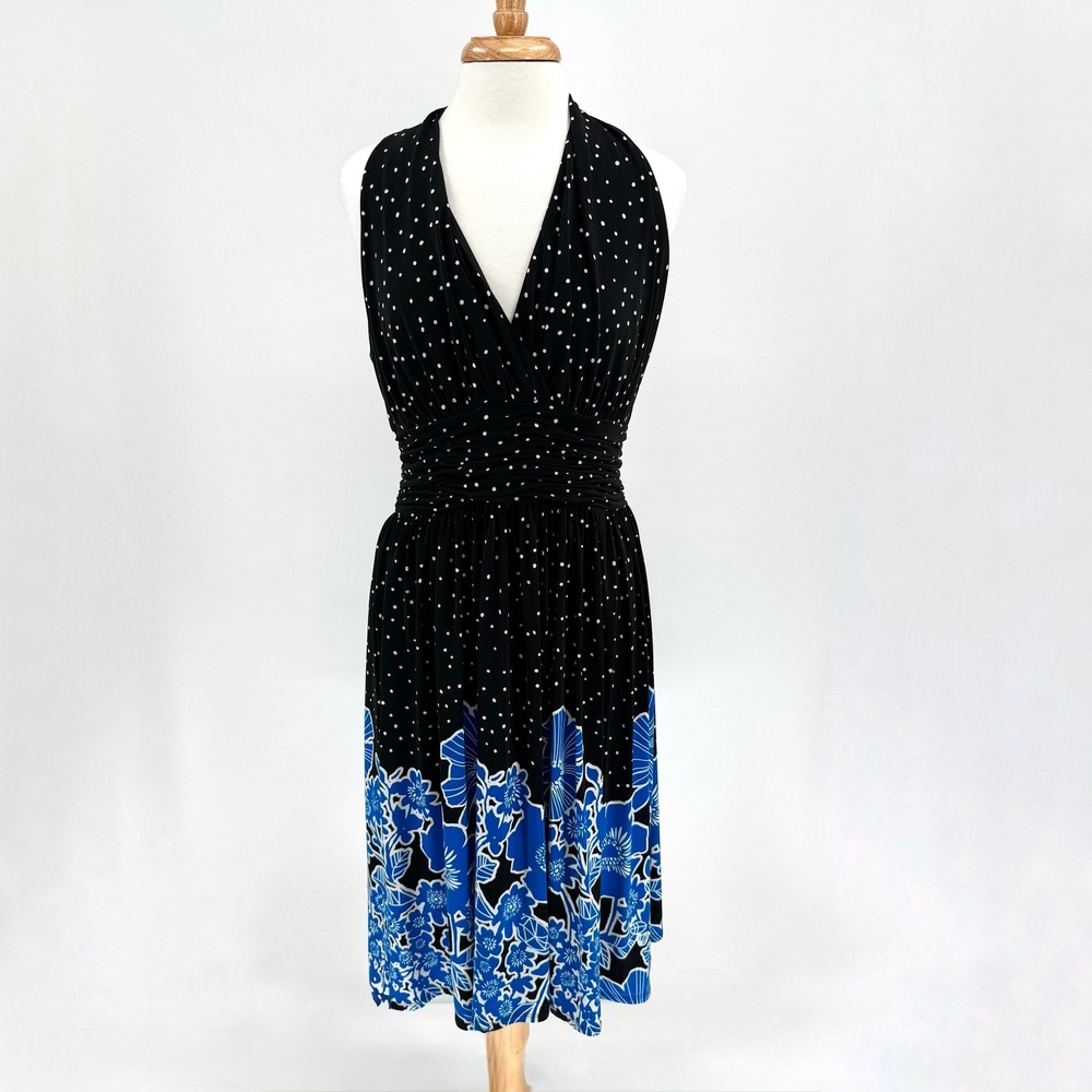 Evan-Picone Womens Black Polka Dot Blue Floral Halter Ruched Midi Dress Size 14